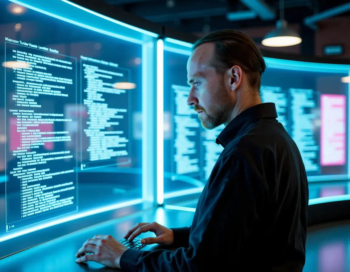 A bearded man with his hair tied back types at a keyboard while studying glowing transparent screens covered in code, in a dim room lit by blue neon.