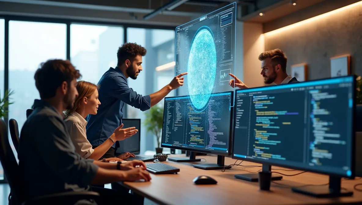 Four developers in a modern office: two point at a large transparent display showing a glowing data sphere while two colleagues at a desk look on beside monitors full of code.
