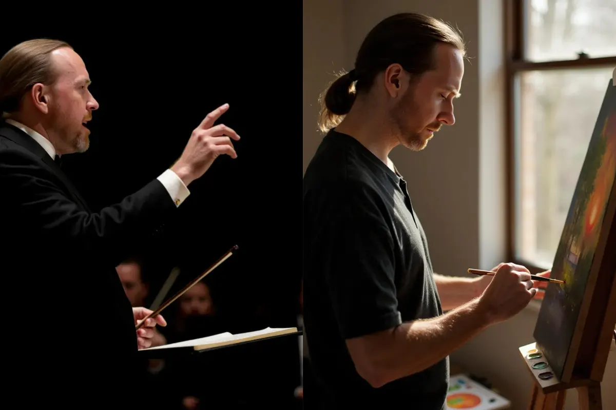 Two AI-generated images of Damian Hartin, made with a LoRA trained on his photos: on the left he conducts an orchestra in a dark concert hall, baton raised; on the right he paints a canvas at an easel beside a sunlit window.