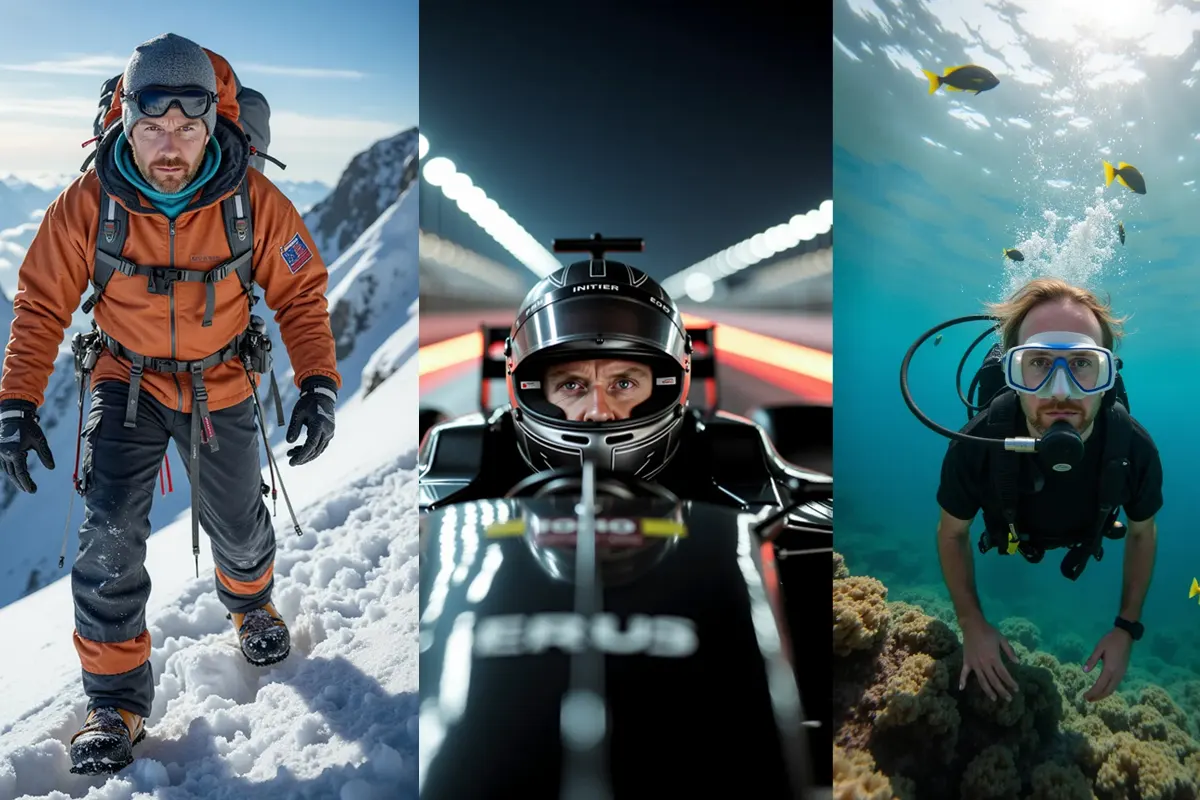 Three AI-generated images of Damian Hartin side by side, made with a LoRA trained on his photos: climbing a snowy mountain ridge in an orange jacket and goggles, seated in a Formula 1 car wearing a helmet, and scuba diving over a coral reef among tropical fish.